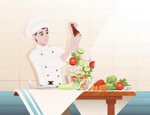 Chef cooking behind kitchen table with glass bowl and ingredients preparing Stock Illustration