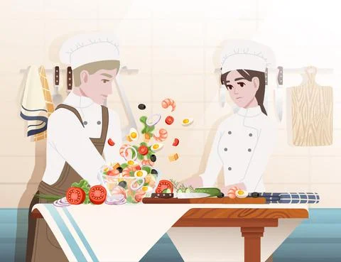 Chef cooking behind kitchen table with glass bowl and ingredients preparing Stock Illustration