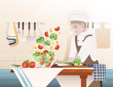 Chef cooking behind kitchen table with glass bowl and ingredients preparing Stock Illustration