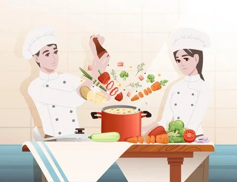 Chef cooking behind kitchen table with pan and ingredients making soup cartoon Stock Illustration