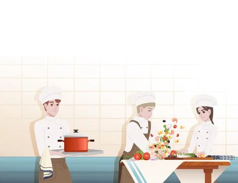 Chef cooking behind kitchen table with glass bowl and ingredients preparing Stock Illustration