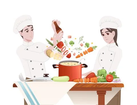 Chef cooking behind kitchen table with pan and ingredients making soup cartoon Stock Illustration