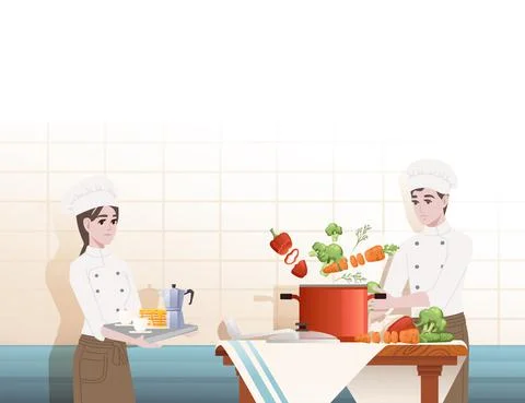 Chef cooking behind kitchen table with pan and ingredients making soup cartoon Stock Illustration