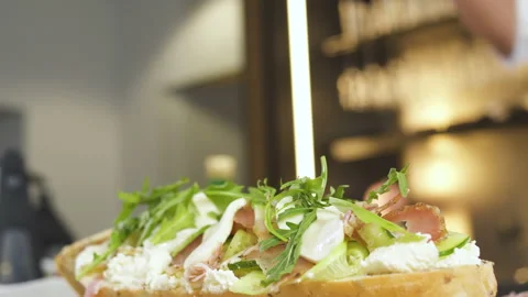 Chef Cooking Big Baguette Bread Sandwich In Kitchen For Breakfast. Cooking Food. 스톡 동영상 151923033