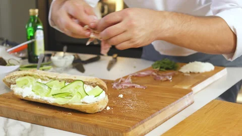 Chef Cooking Bread Sandwich In Kitchen For Breakfast. Cooking Food Close Up. Stock Footage 151922621