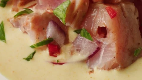 Chef cooking ceviche, leche de Tigre, traditional peruvian food, ceviche on Stock Footage 243593880
