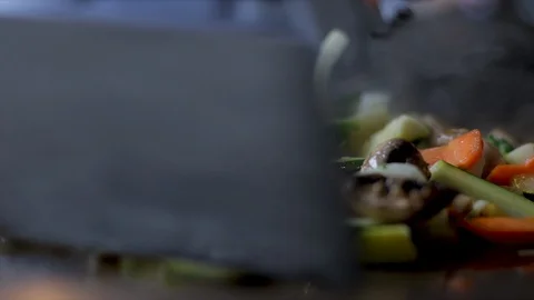 Chef cooking close up grilling vegetables Japanese food being grill and prepared Stock Footage 106141407