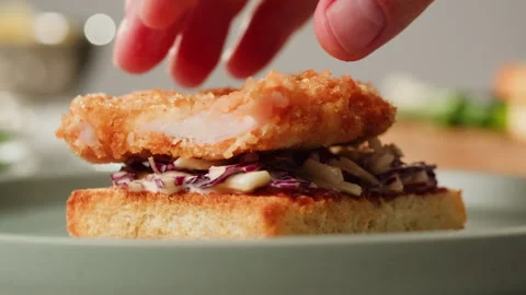 Chef cooking coleslaw and adding fried fish or chiken on top, german Coleslaw Stock Footage 263082531