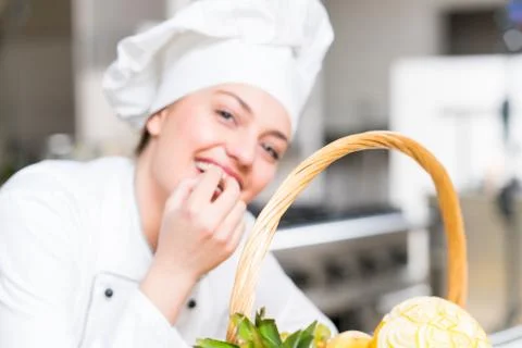 Chef Cooking, Cutting and preparing next plate Stock Photos