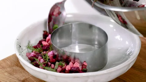 Chef cooking a delicious cold soup with natural yogurt and vegetables. 4K Video stock 135441830