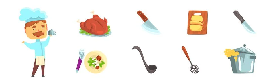 Chef Cooking Different Object and Item Vector Set Stock Illustration
