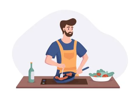 Chef cooking dinner at the table in the kitchen. Cartoon character concept Stock Illustration