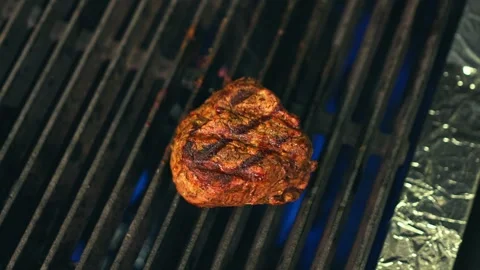 Chef Cooking Filet Mignon Steak On a Kitchen Grill Over Open Fire Stock Footage 280494795
