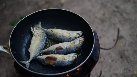 Chef cooking fish fried in pan. Stock Footage 128670167