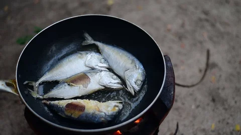 Chef cooking fish fried in pan. Stock Footage 128697280
