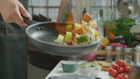 Chef Cooking Flambe Vegetables Stock-Footage 249839735