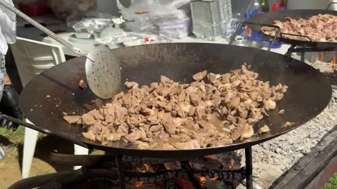 Chef cooking meat dish in pan over wood fire outdoors, traditional turkish Stock Footage 294172888