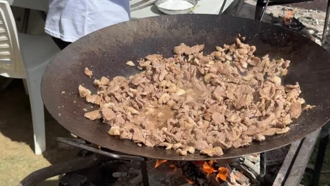 Chef cooking meat dish in pan over wood fire outdoors, traditional turkish Stock Footage 294172913