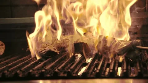 Chef Cooking Meat in Kitchen Grill on Open Fire Close-up Stock Footage 254465925