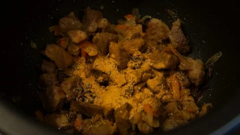 Chef cooking pilaf. Cooking process. National food. Rice and meat. Pilau Stock Footage 100080225