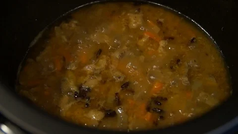 Chef cooking pilaf. Cooking process. National food. Rice and meat. Pilau Stock Footage 100105215