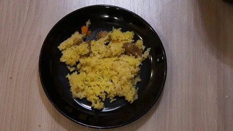 Chef cooking pilaf. Cooking process. National food. Rice and meat. Pilau 스톡 동영상 100125319