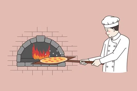 Chef cooking pizza in stone oven in restaurant Stock Illustration