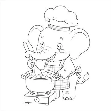 Chef cooking pot soup elephant stirring food on stove wearing apron and toque Stock Illustration