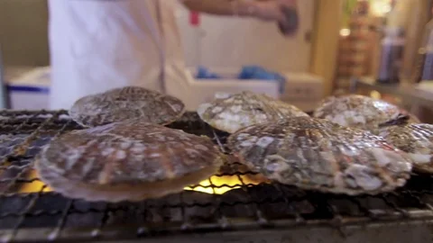 Chef Cooking Torched Scallops on Open Grill. Close Up with Camera Movement Stock Footage 85293578