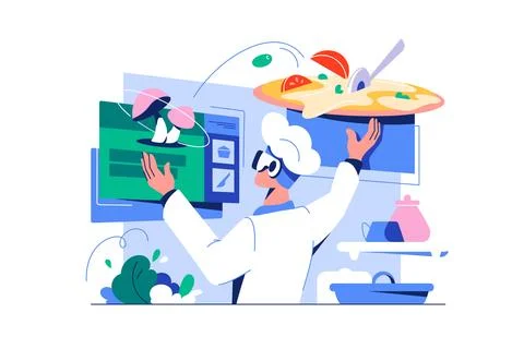 Chef cooks pizza in virtual reality Stock Illustration