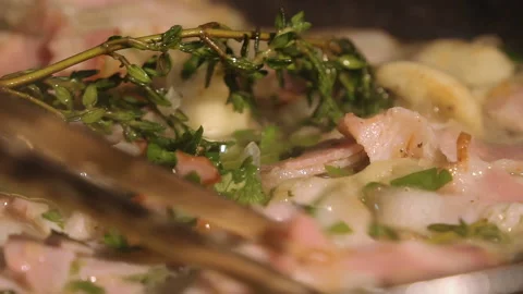 The chef cooks spaghetti with bacon in a frying pan Stock Footage 158004792