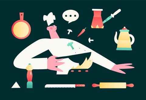 The chef cooks in a wok. Kitchenware Illustrazione stock