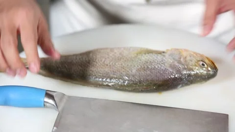Chef cut yellow croaker with a knife (3) Stock Footage 202206110