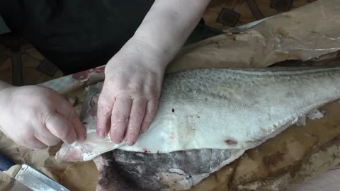The chef cuts the cod fish into pieces Stock Footage 194155720
