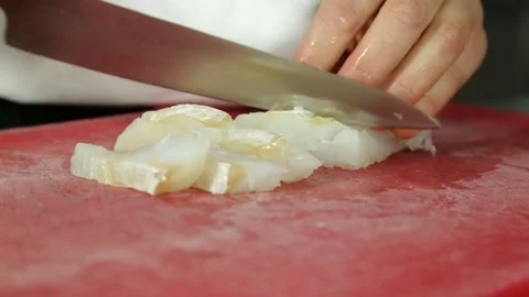 Chef Cuts Cod With A Kitchen Knife Stock Footage 80020364