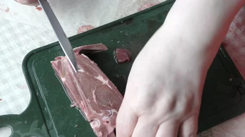 The chef cuts deer meat with a knife Stock Footage 164349231