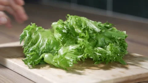 Chef cuts fresh lettuce leaf using the kitchen knife Stock Footage 130509869
