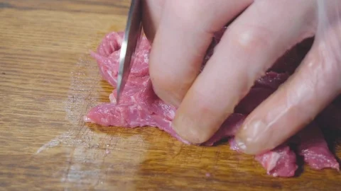 Chef cuts meat close up Stock Footage 73816373