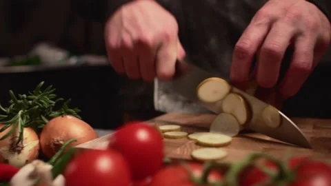 The chef cuts the pear. Stock Footage 151675846