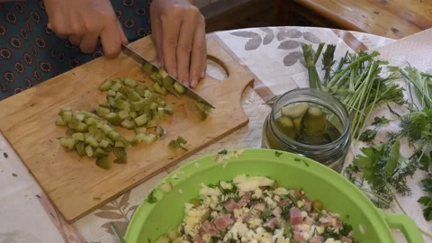 The chef cuts the pickled cucumber. healthy food concept Stock Footage 140403572