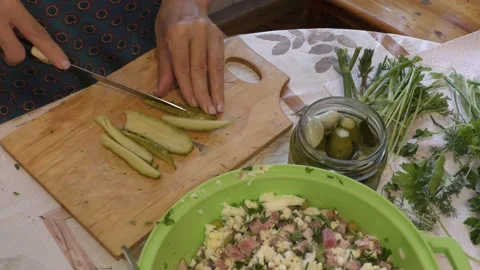 The chef cuts the pickled cucumber. healthy food concept Stock Footage 140403836