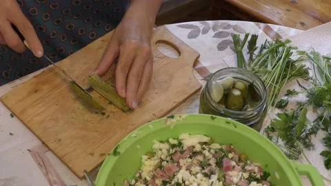 The chef cuts the pickled cucumber. healthy food concept Stock Footage 140404015