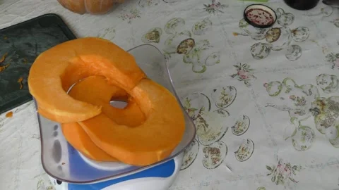 The chef cuts the pumpkin with a knife Stock Footage 139132178