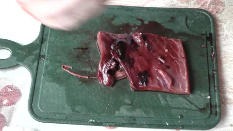 Chef cuts raw deer meat with a knife Video stock 167106006