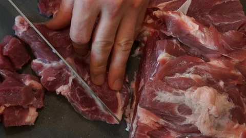 The chef cuts raw meat with the knife. Chef cutting pork meat. Cutting meat Stock Footage 99742564