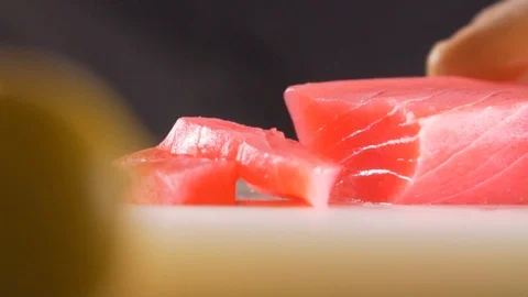 Chef cuts red fish, the most delicious meat Stock Footage 116686894