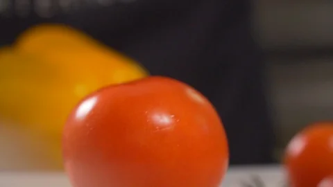 Chef cuts vegetables, peppers, tomato, avocado, healthy food Stock Footage 116684708