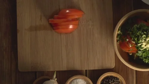 The chef cuts vegetables on salad, Time laps Stock-Footage 74240911