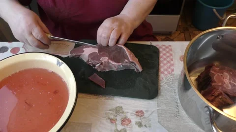 Chef cuts venison with a knife Stock Footage 169329619
