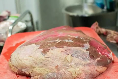 Chef cutting and preparing a large piece of meat Stock Photos